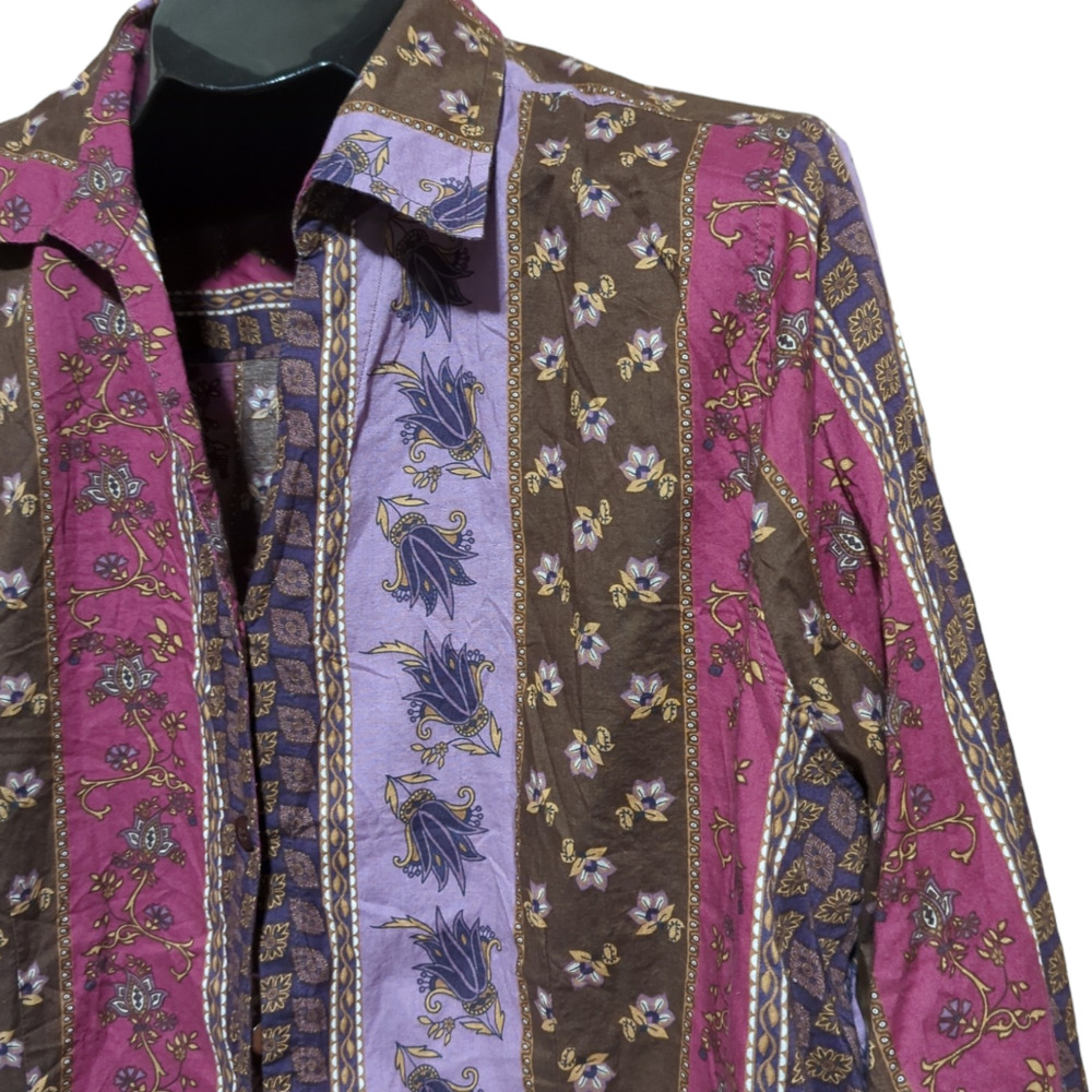 CJ BANKS Purple Brown Patchwork Striped Button Down Shirt Plus 2X - Picture 2 of 7